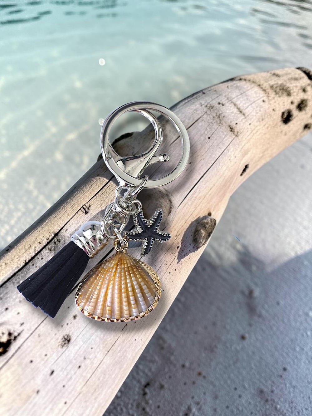 Coastal Bag Charm / Keychain with Black Starfish & Tassel